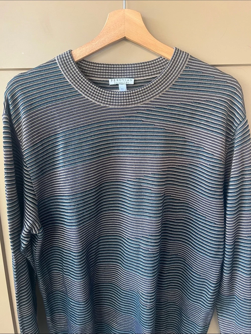 Peruvian Connection Mens M Crew Neck 3D Cotton Sweater Blue Brown Geo Print